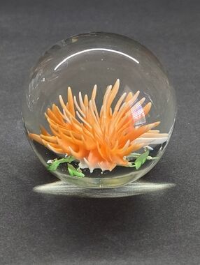 Vintage Art Glass Paperweight  Orange Flower Chrysanthemum *SEE PHOTO
